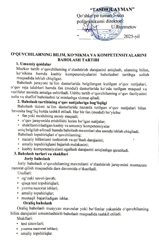 O‘quvchilarning bilim, ko‘nikma va kompetensiyalarini baholash tartibi